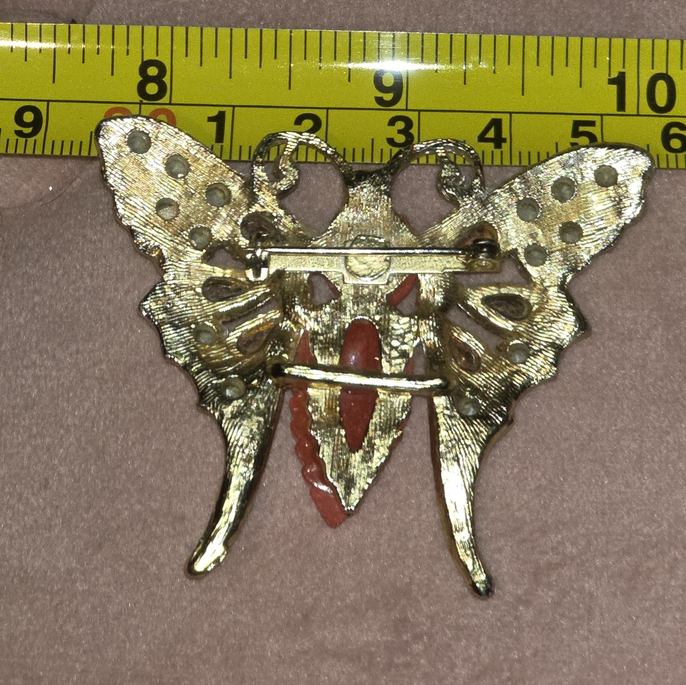 Vtg Butterfly Lucite Brooch Feather Spiderweb Wings Red Gold Tone AB Rhinestones - Picture 2 of 2